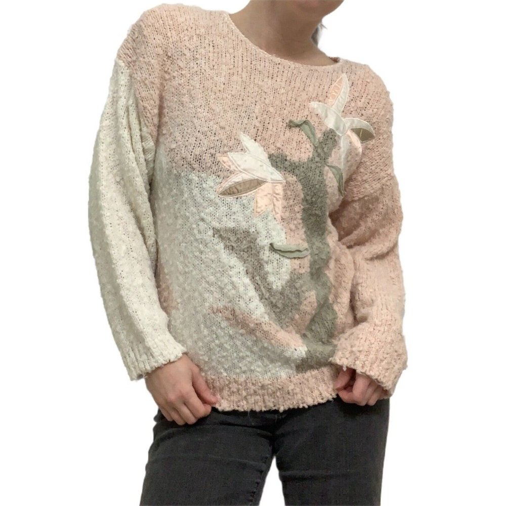 KOCAL Vintage 80s Womens Small Oversized Pink Peach Colorblock Sweater